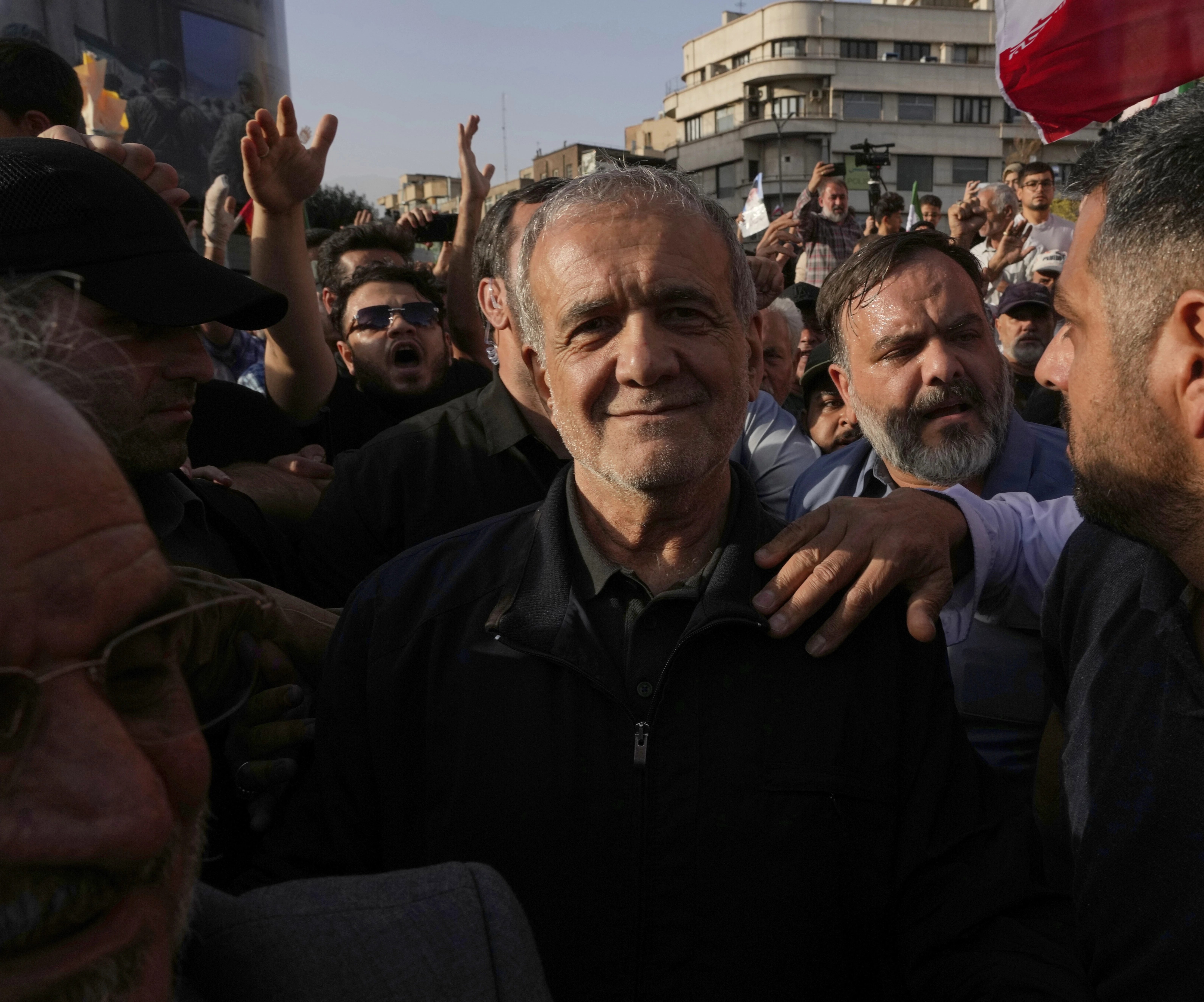 Iranian President Masoud Pezeshkian attends a protest following the US attacks on nuclear sites in Iran, in Tehran, Iran, Sunday, June 22, 2025. (AP)
