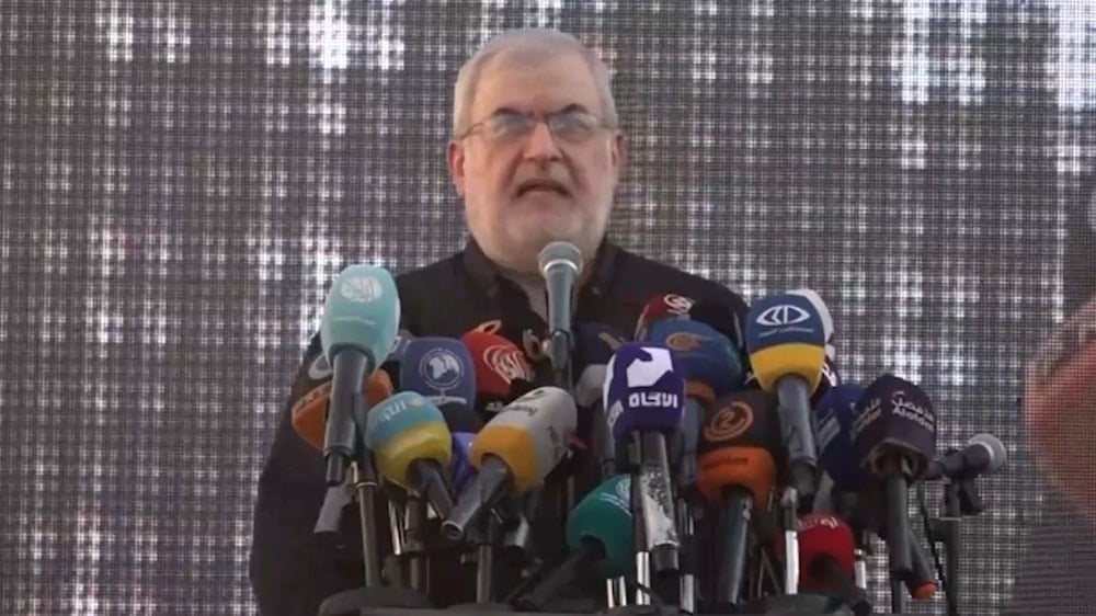 Mohammad Raad, Lebanese MP and head of the Loyalty to the Resistance Block, gives a speech at a celebration of the Iran-'Israel' ceasefire, in Beirut, Lebanon, June 25, 2025 (AP)