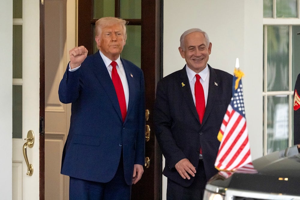 President Donald Trump, left, gestures as Israel's Prime Minister Benjamin Netanyahu leaves the West Wing of the White House, on April 7, 2025, in Washington. (AP Photo/Mark Schiefelbein)