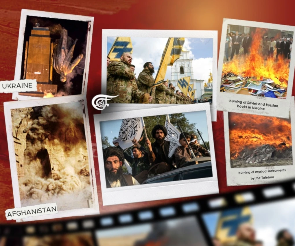 Though the Taleban are not actually waging any war at the moment, like the Ukrainians/NATO and the Zionists/US-UK-EU, they share the same seedbed and are ultimately being used for the same purpose. (Al Mayadeen English; Illustrated by Zeinab el-Hajj)