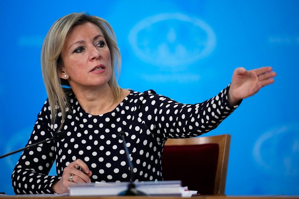 Russian Foreign Ministry spokeswoman Maria Zakharova gestures during Russian Foreign Minister Sergey Lavrov's annual news conference in Moscow, Russia, Thursday, Jan. 18, 2024 (AP)