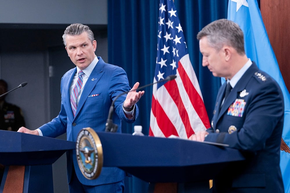 Defense Secretary Pete Hegseth, left, speaks at a news conference with Joint Chiefs Chairman Gen. Dan Caine at the Pentagon, Thursday, June 26, 2025 in Washington (AP)