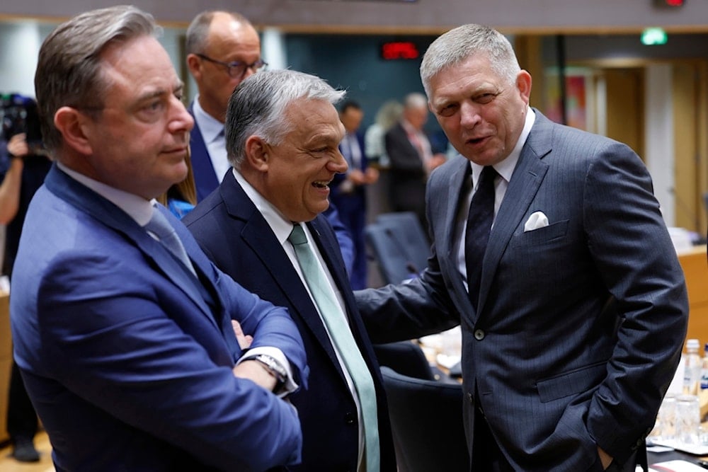 From left, Belgium's Prime Minister Bart De Wever, Hungary's Prime Minister Viktor Orban and Slovakia's Prime Minister Robert Fico attend a round table meeting at an EU summit in Brussels, Thursday, June 26, 2025 (AP)