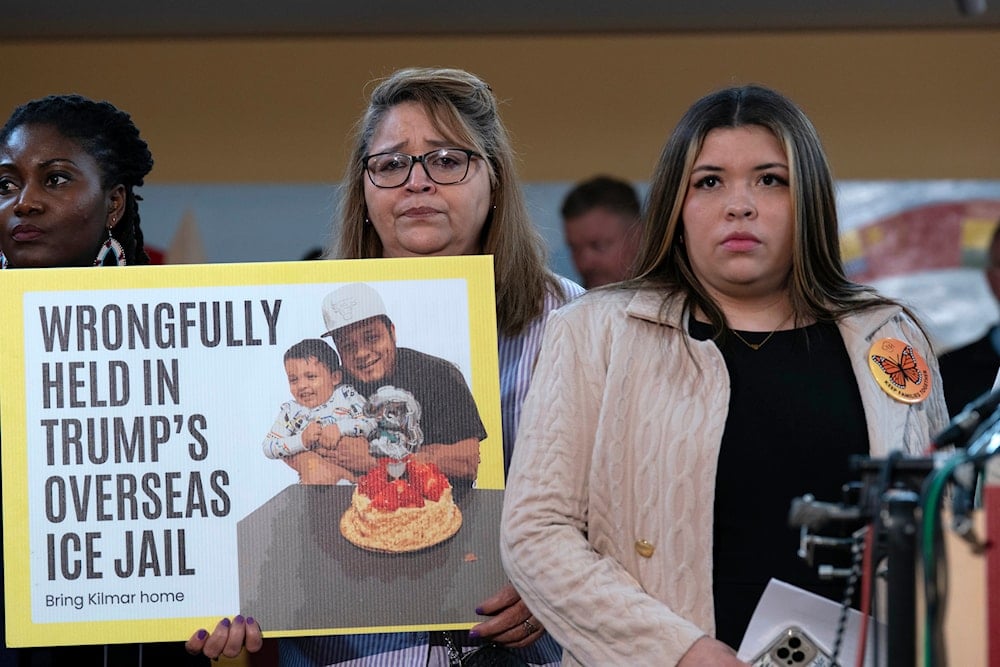 Jennifer Vasquez Sura, wife of Kilmar Ábrego García of Maryland, who was mistakenly deported to El Salvador, is seen at right alongside supporters during a press conference at the CASA Multicultural Center in Hyattsville, Maryland, on April 4, 2025. (AP)