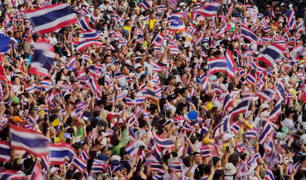 Protesters gather at Victory Monument demanding Thailand's Prime Minister Paetongtarn Shinawatra resign in Bangkok, Thailand, Saturday, June 28, 2025. (AP)