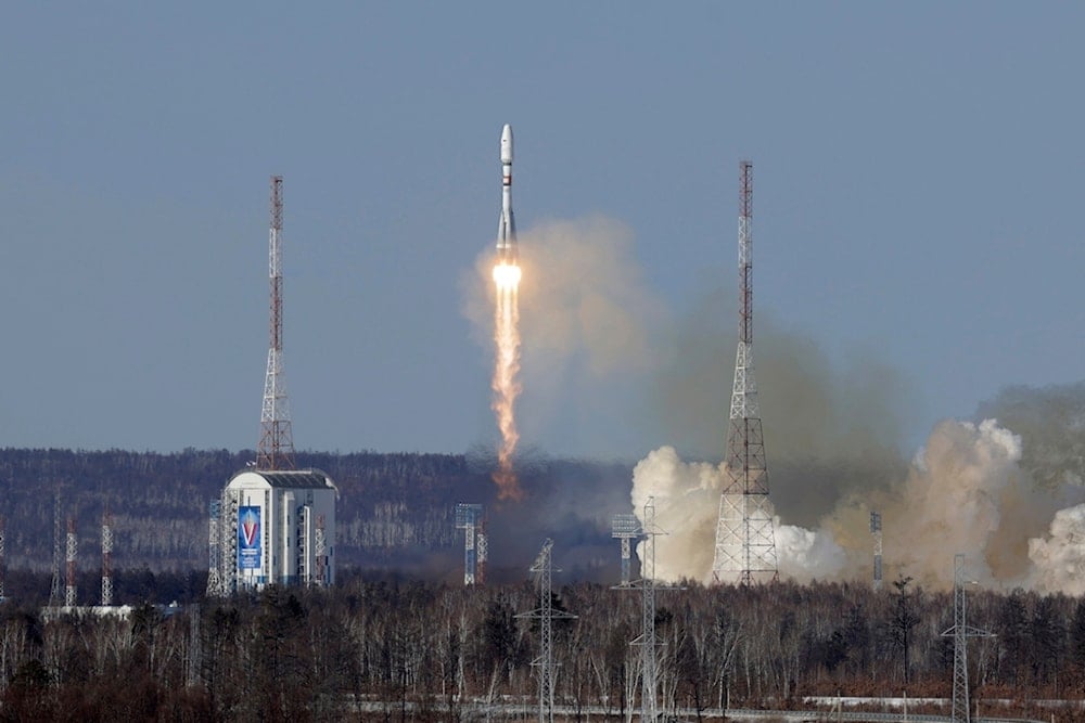 In this photo released by Roscosmos space corporation on Thursday, Feb. 29, 2024, the Soyuz-2.1b rocket blasts off at the Vostochny cosmodrome outside the city of Tsiolkovsk, Russia (AP)