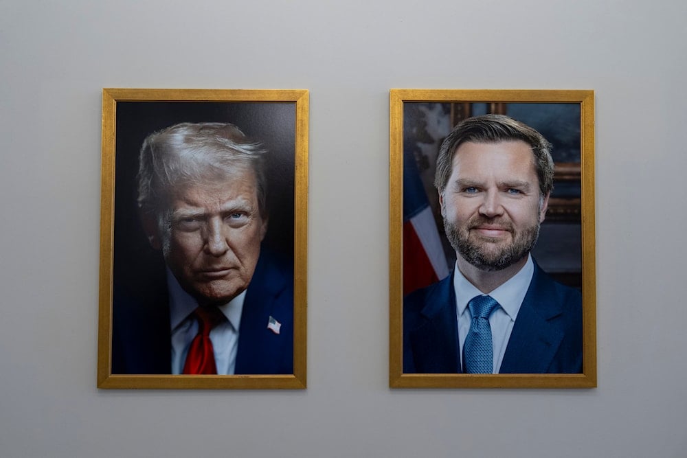 The new official portraits of President Donald Trump and Vice President JD Vance hang in the Eisenhower Executive Office Building on the White House campus, Monday, June 2, 2025, in Washington (AP)