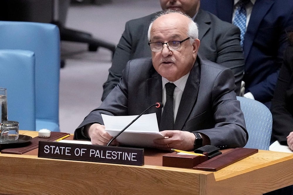 Palestinian Ambassador to the United Nations Riyad Mansour addresses the United Nations Security Council, Friday, March 21, 2025. (AP Photo/Richard Drew)