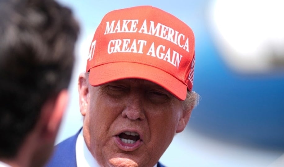 US president Donald Trump speaks with reporters upon arriving at Morristown Municipal Airport on Morristown, New Jersey, Friday June 20, 2025. (AP)