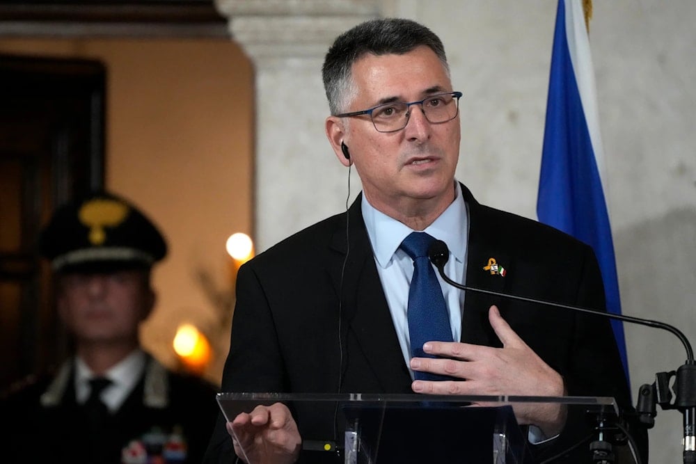 Israeli Foreign Minister Gideon Sa'ar with his Italian counterpart Antonio Tajani (not pictured) hold a press conference at the end of their meeting in Rome, Italy, January 14, 2025 (AP)