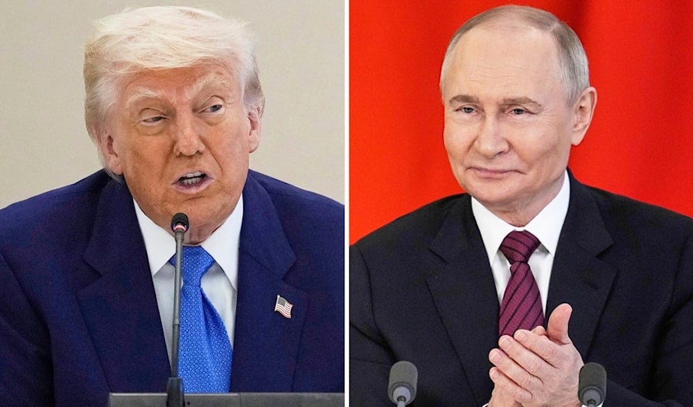This combination photo shows President Donald Trump in a business roundtable, May 16, 2025, in Abu Dhabi, United Arab Emirates, left, and Russian President Vladimir Putin at a signing ceremony at the Kremlin in Moscow, May 10, 2025. (AP)