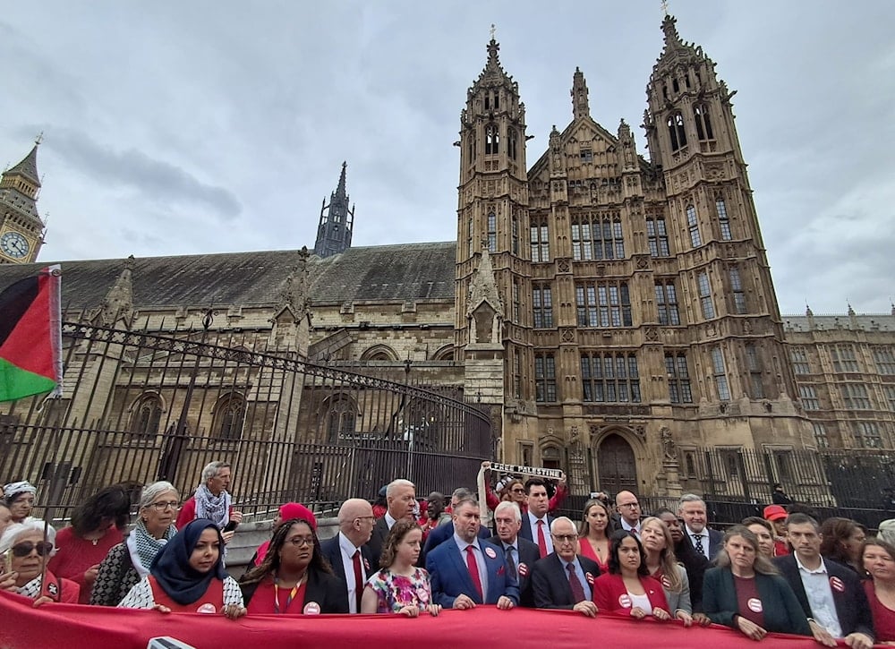 British MPs join Red Line for Palestine in front of UK Parliament on June 4, 2025, (Palestine Solidarity Campaign, @PSCupdates)