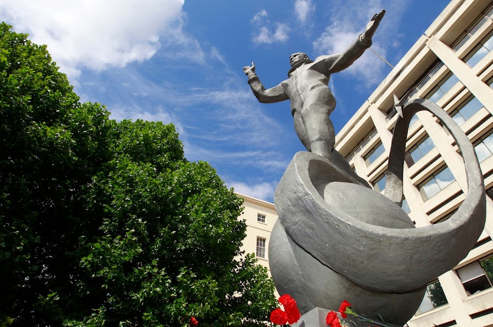 The newly-unveiled statue of Yuri Gagarin, the first man in space, is seen outside the headquarters of the British Council, in central London, Thursday, July 14, 2011. (AP)