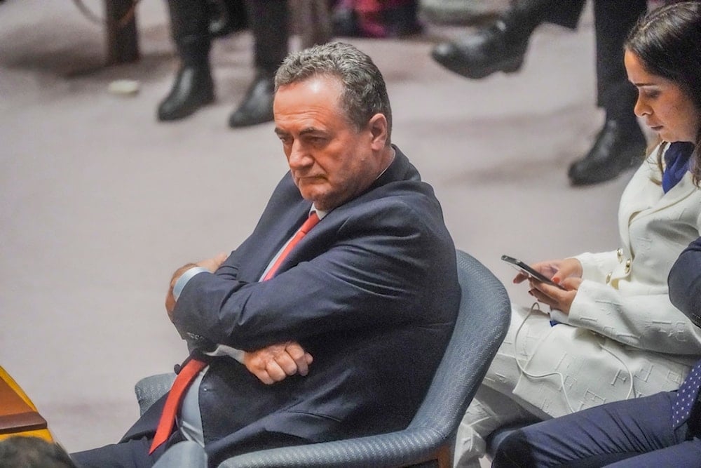 Then-Israeli Foreign Affairs Minister Israel Katz listens during a meeting of the United Nations Security Council on the war on Gaza, March 11, 2024, at U.N. headquarters (AP)