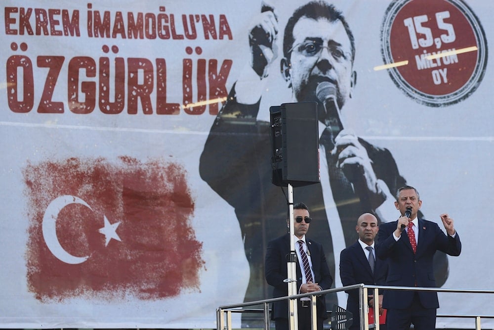 Republican People's Party (CHP) leader Ozgur Ozel delivers a speech during a CHP Rally, in Ankara, Turkey, Sunday, April 6, 2025. (AP Photo/Ali Unal)