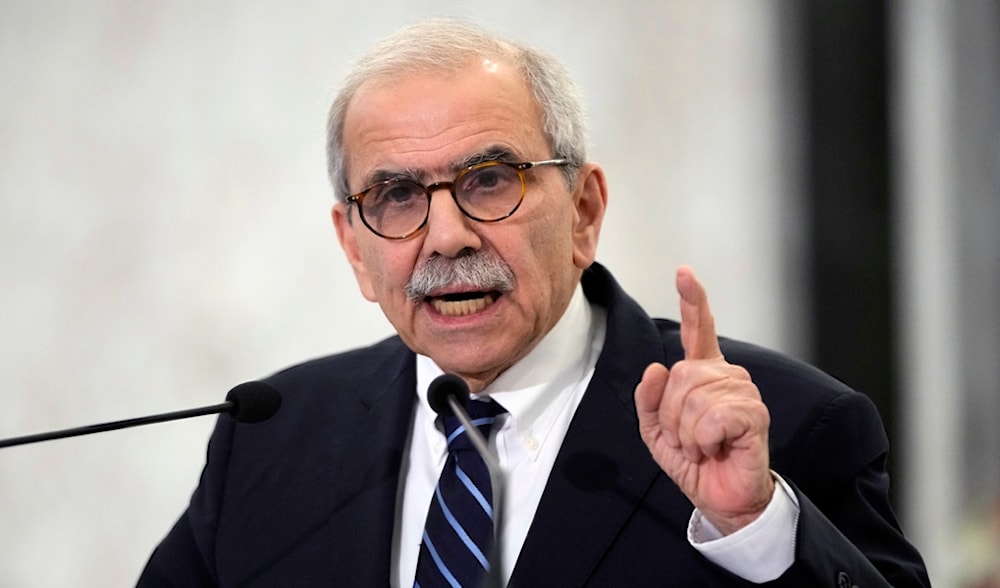 Lebanese Prime Minister Nawaf Salam speaks to journalists after his meeting with Lebanese President Joseph Aoun at the presidential palace in Baabda, east of Beirut, Lebanon, Tuesday, Jan. 14, 2025. (AP)