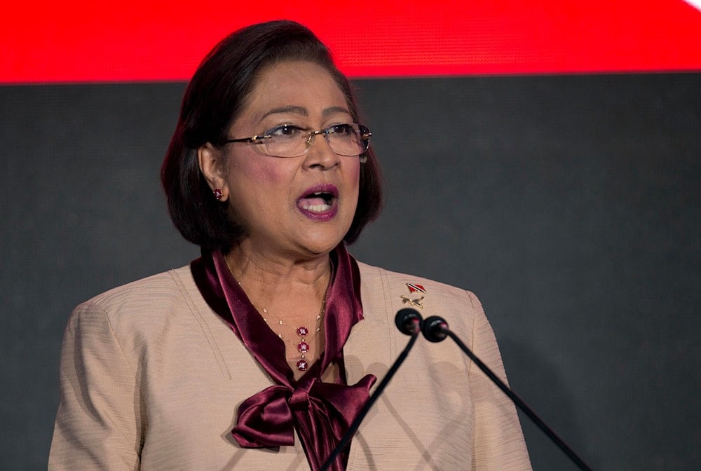 Trinidad and Tobago's Prime Minister Kamla Persad-Bissessar delivers her speech during the CEO Summit of the Americas in Panama City, Friday, April 10, 2015. (AP)