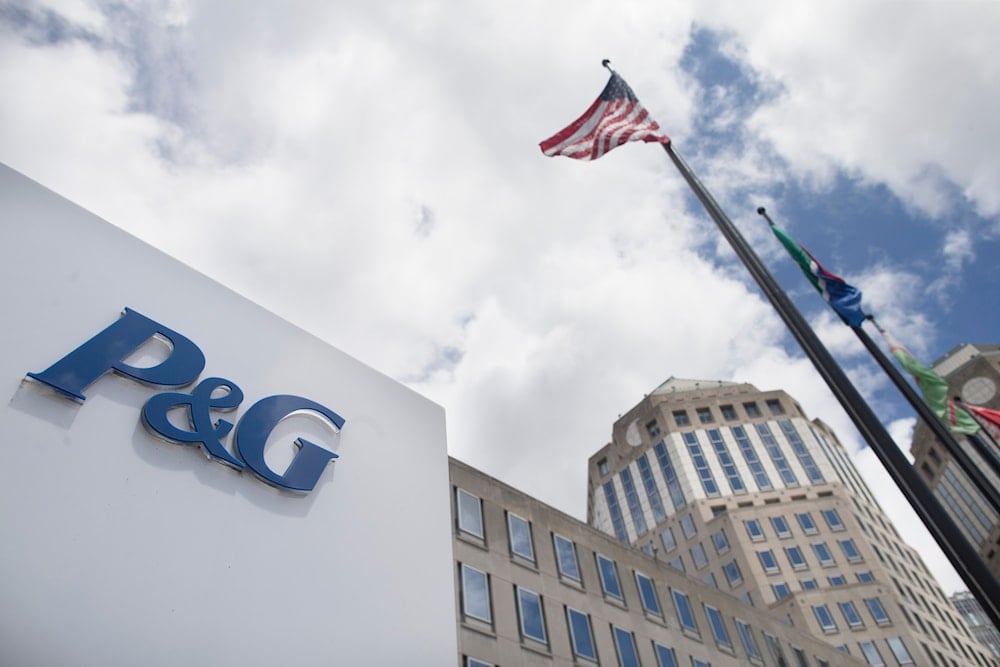 Flags fly outside the Proctor & Gamble headquarters complex in downtown Cincinnati, on July 9, 2015. 