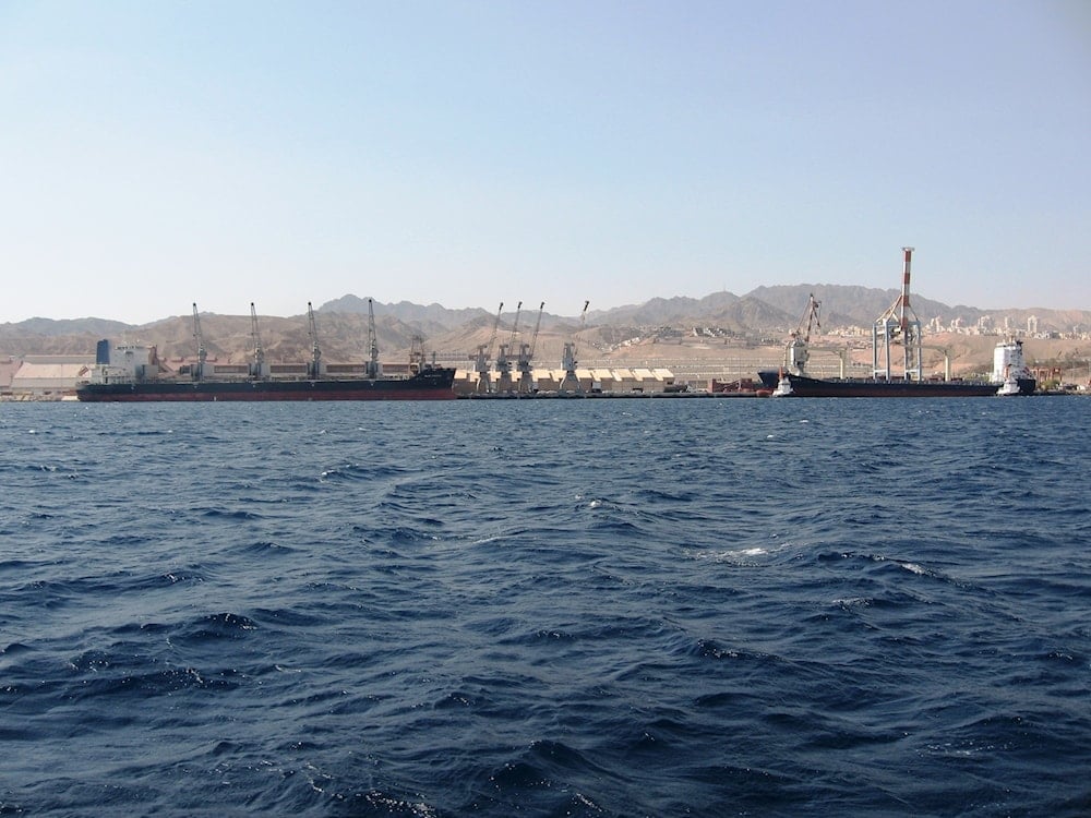 Eilat port as seen from the sea, occupied Palestine, March 12 2009 (wikimedia commons)