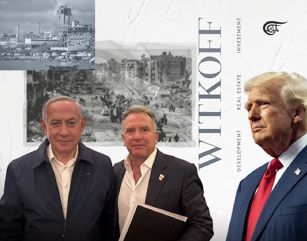 The decades of, should we call it – friendship? Fraudulence-cum-fascism? between Trump and Witkoff appears in lockstep as genocidaires’ whistles grow louder to flatten all of Gaza: (Al Mayadeen English; Illustrated by Batoul Chamas)