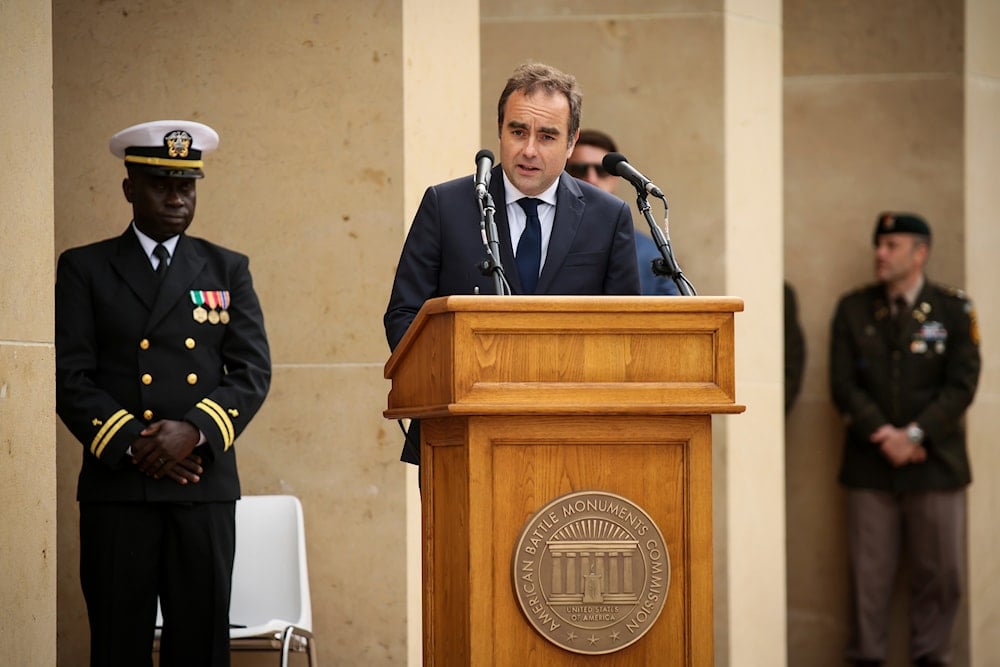 French Defense Minister Sebastien Lecornu delivers his speech at the US cemetery to commemorate the 81st anniversary of the D-Day landings, Friday, June 6, 2025 in Colleville-sur-Mer, Normandy (AP)