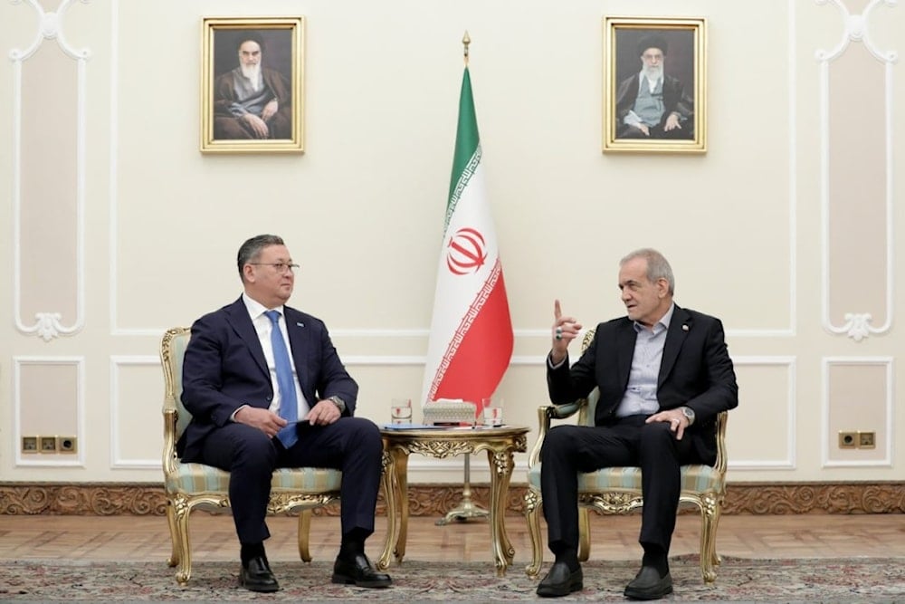 Iranian President Masoud Pezeshkian discusses bilateral relations with the Kazakh Foreign Minister and Deputy Prime Minister Murat Nertleu, in Tehran, Iran, June 7, 2025 (IRNA)