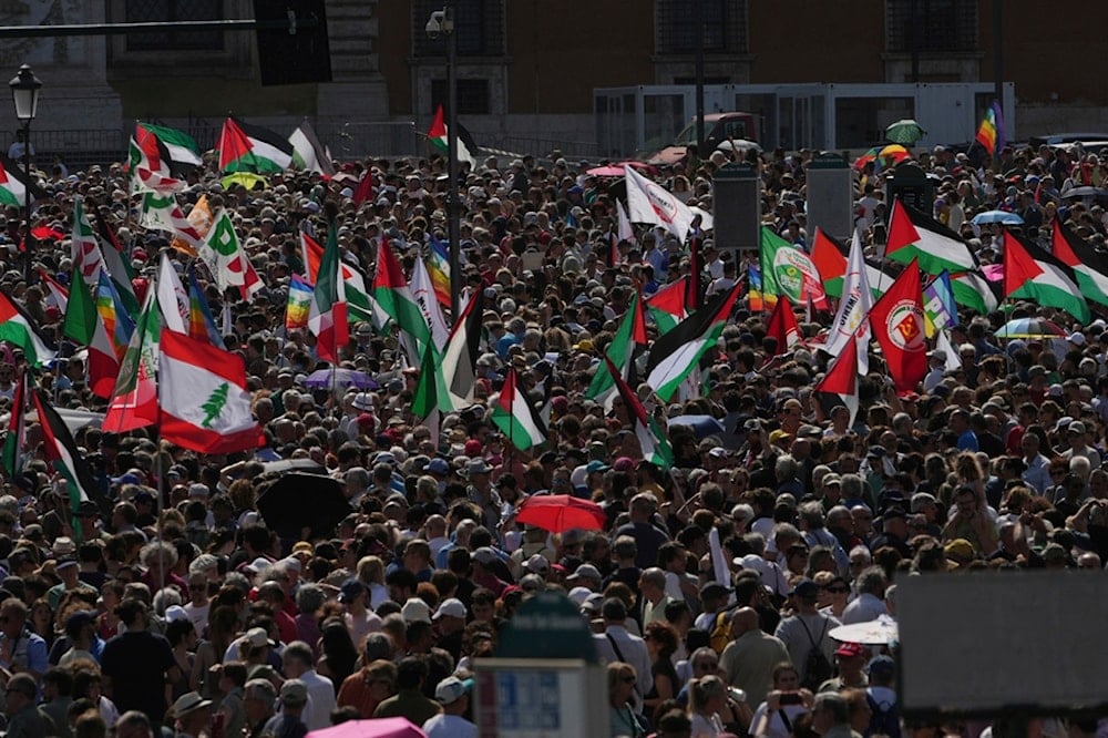 Protesters gather for a pro-Palestinian demonstration in Rome, Saturday, June 7, 2025. (AP Photo/Alessandra Tarantino)
