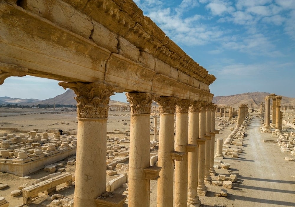 An aerial view shows sections of the columns in the ancient city of Palmyra, Syria, Saturday, January 25, 2025 (AP)
