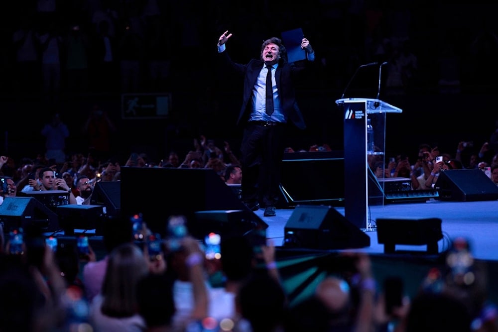 Argentina's president Javier Milei arrives for his speech during the Madrid Economic Forum in Madrid, Spain, Sunday, June 8, 2025 (AP)