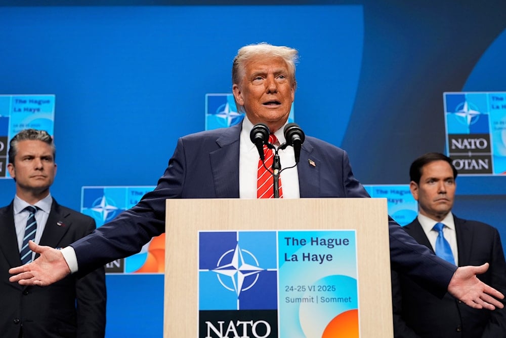 President Donald Trump speaks during a conference at the end of the NATO summit as Foreign Secretary Marco Rubio and Defence Secretary Pete Hegseth listen, in The Hague, Netherlands, Wednesday, June 25, 2025 (AP)