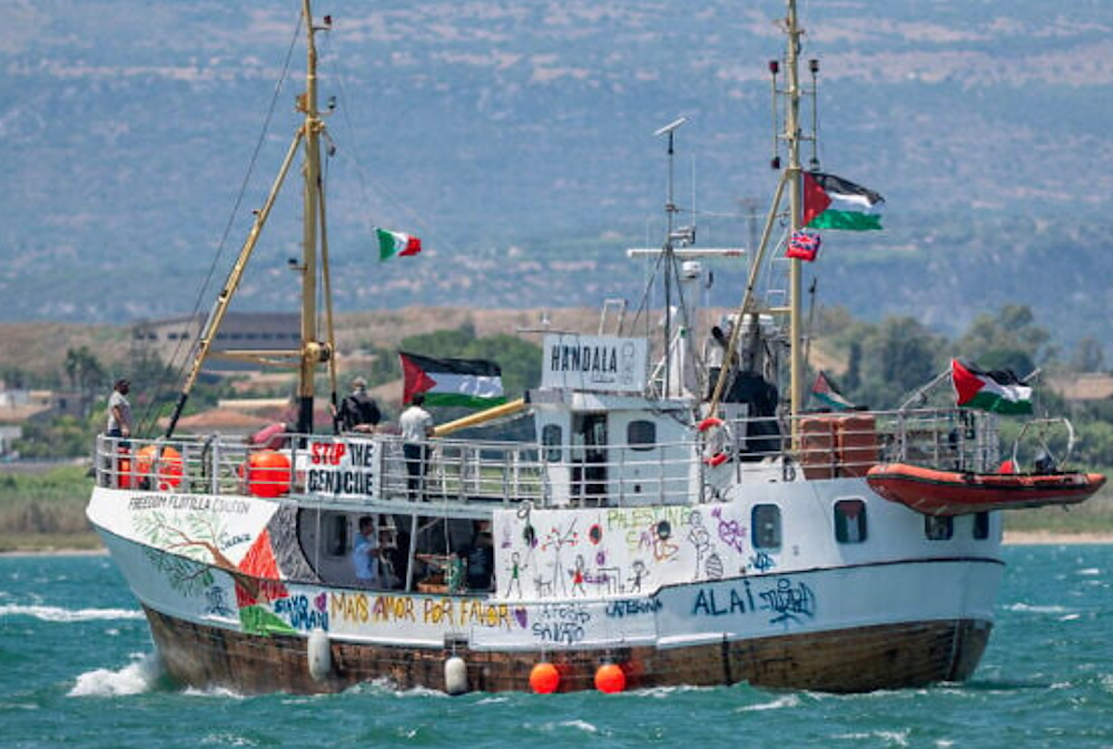 The Freedom Flotilla ship Handala as it departs for Gaza, where it aims to break the maritime blockade at a port in Syracuse, Sicily in southern Italy on July 13, 2025. (AFP)