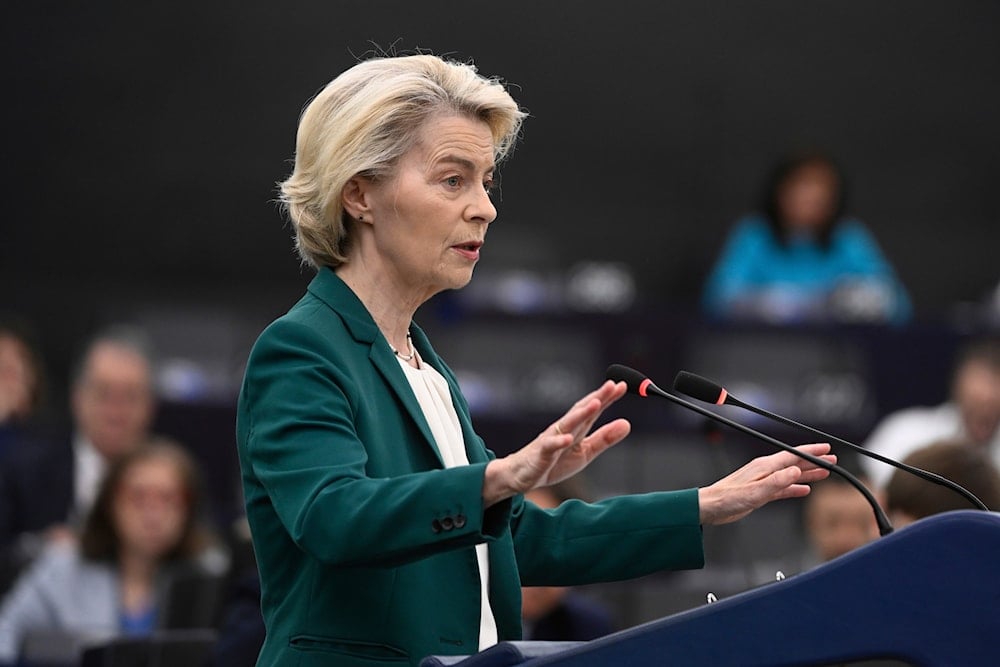 European Commission president Ursula von der Leyen delivers her speech during a statement on the preparation for the EU–China Summit, Tuesday, July 8, 2025 at the European Parliament in Strasbourg, eastern France (AP)