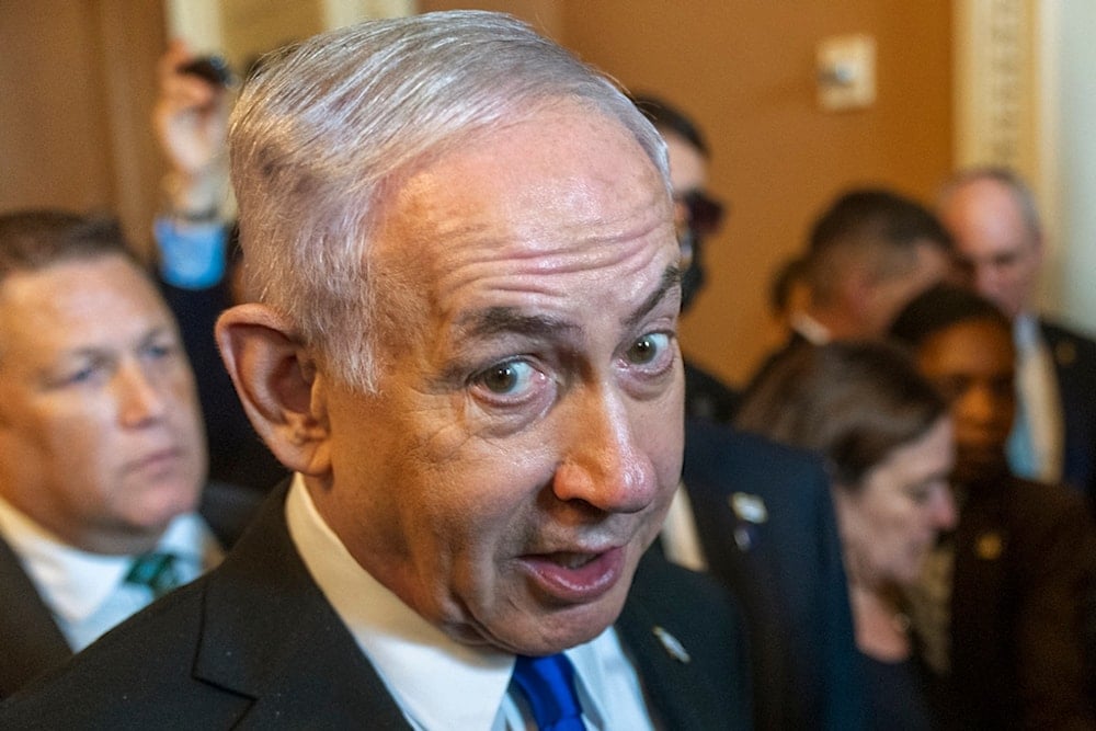 Israeli Prime Minister Benjamin Netanyahu speaks to reporters before a meeting with lawmakers at the Capitol in Washington, Wednesday, July 9, 2025 (AP)