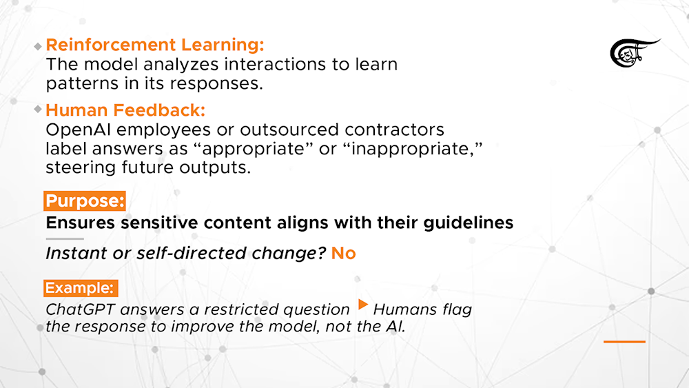 Image explaining Reinforcement Learning and Human Feedback. (Illustrated by Mahdi Rteil to Al Mayadeen English) 