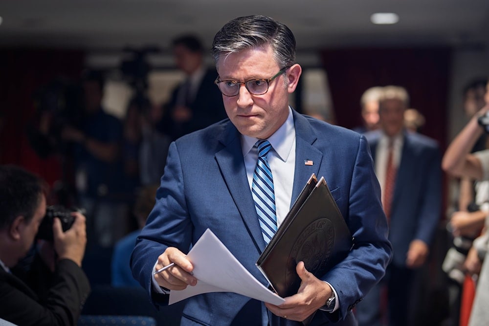 Speaker of the House Mike Johnson, arrives for a news conference at the Republican National Committee headquarters in Washington, Tuesday, July 15, 2025 (AP)