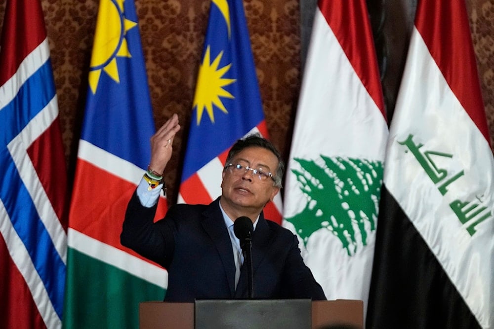 Colombia's President Gustavo Petro delivers a speech during a two-day conference on the Israeli war on Gaza, in Bogota, Colombia, Wednesday, July 16, 2025