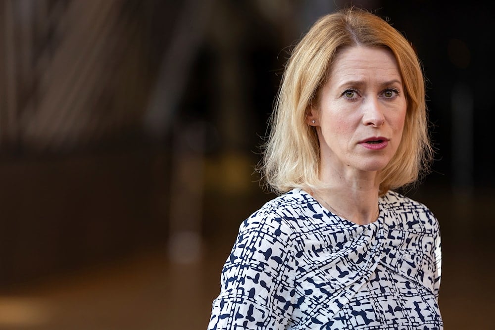 European Union foreign policy chief Kaja Kallas talks with journalists as she arrives for an EU foreign ministers meeting at the EU Council building in Brussels, Tuesday, July 15, 2025. (AP)