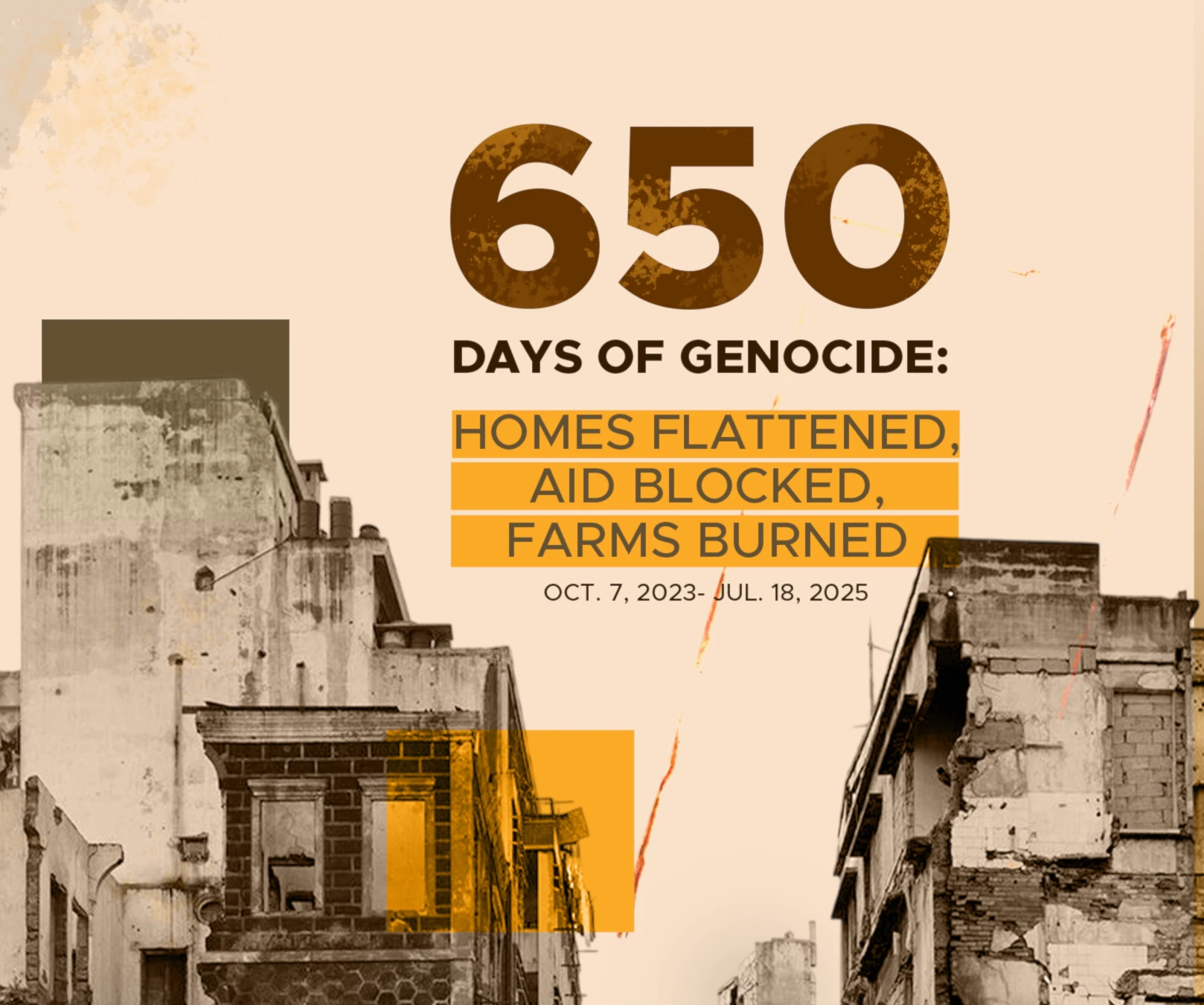 650 Days of Genocide:  Homes flattened, aid blocked, farms burned