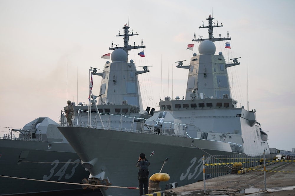 Russian Navy corvettes Hero of the Russian Federation Aldar Tsydenzhapov, right, and Rezkiy, docked at Tanjung Priok Port during a port visit in Jakarta, Indonesia, Tuesday, June 3, 2025 (AP)