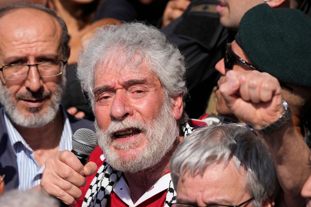 Lebanese Freedom Fighter Georges Abdallah, who was serving a life in Paris, speaks to supporters upon his arrival at Beirut's Rafik Hariri International Airport in Beirut, Lebanon, Friday, July 25, 2025 (AP)