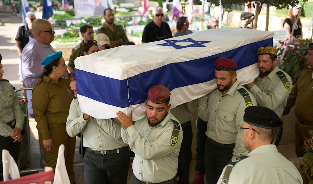 IOF carry the coffin of Israeli reserve soldier Sergeant First Class, who was killed in a battle in the Gaza Strip, during his funeral at the military cemetery in Haifa, occupied Palestine, Tuesday, July 8, 2025. (AP)