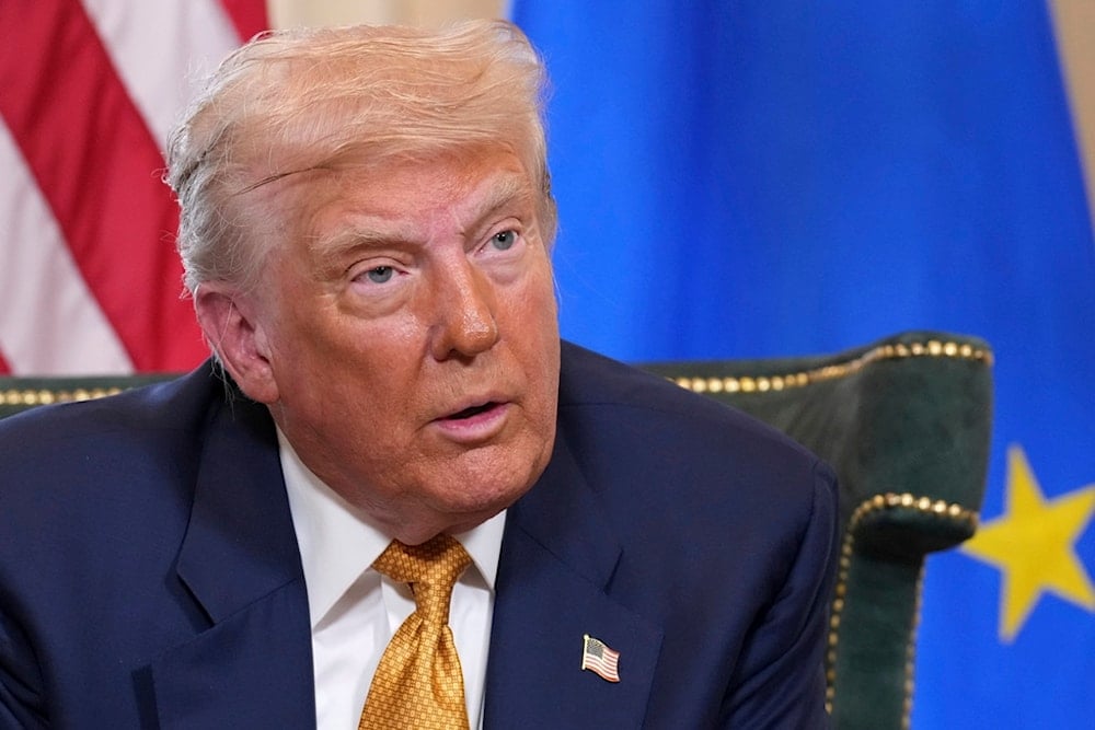 President Donald Trump speaks as he meets European Commission President Ursula von der Leyen at the Trump Turnberry golf course in Turnberry, Scotland Sunday, July 27, 2025. (AP)