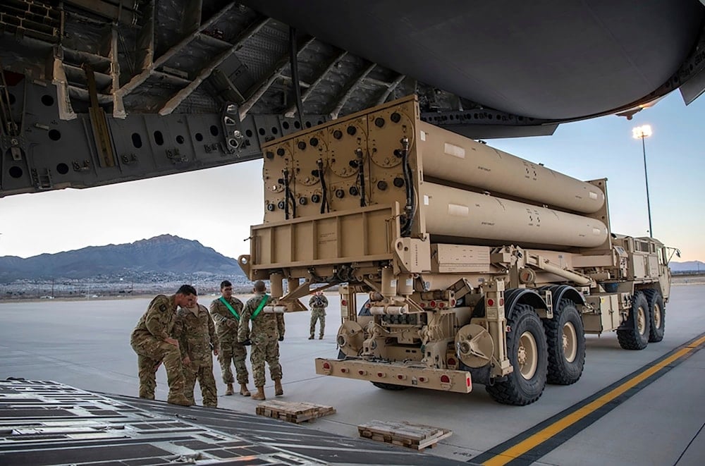 This image provided by the U.S. Air Force shows the US Army THAAD launching station preparing to load onto a C-17 Globemaster III at Fort Bliss, Texas, Feb. 23, 2019 (AP)