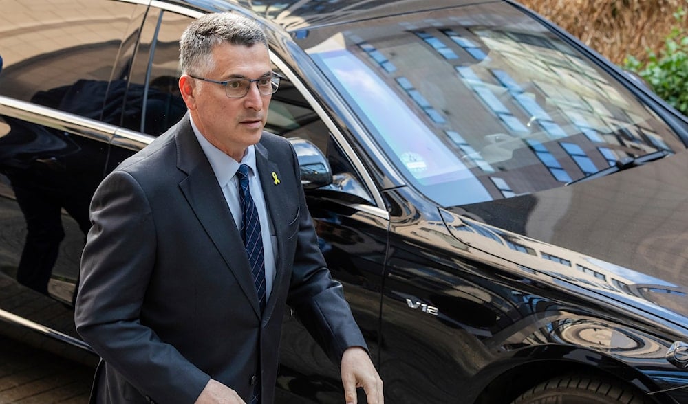 Israeli Foreign Minister Gideon Sa'ar arrives for the EU-Southern Neighbourhood ministerial meeting at the EU Council building in Brussels, Monday, July 14, 2025. (AP)