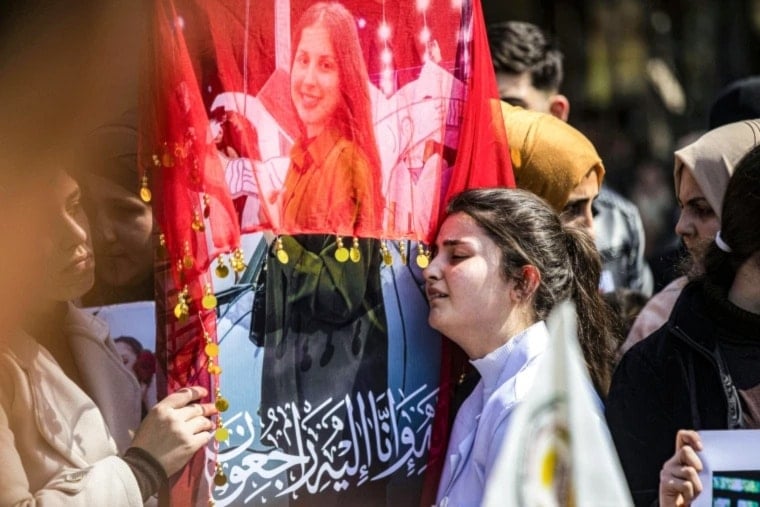 A protest condemning attacks on the Alawite community in Qamishli, Syria, on March 11 (AFP)