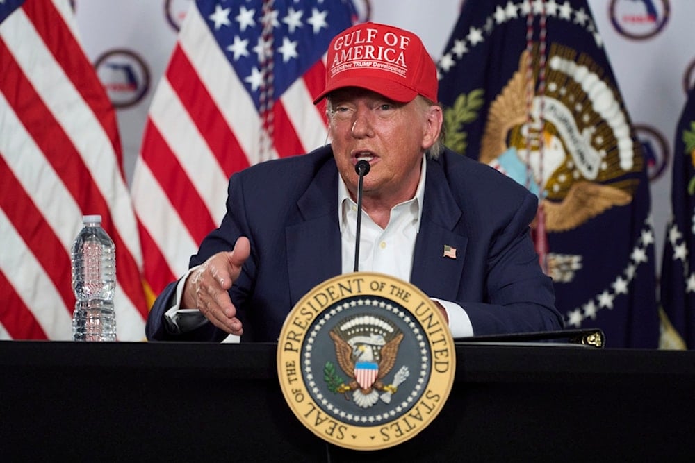 President Donald Trump speaks during a roundtable at 'Alligator Alcatraz,' a new migrant detention facility at Dade-Collier Training and Transition facility, Tuesday, July 1, 2025, in Ochopee, Florida (AP)