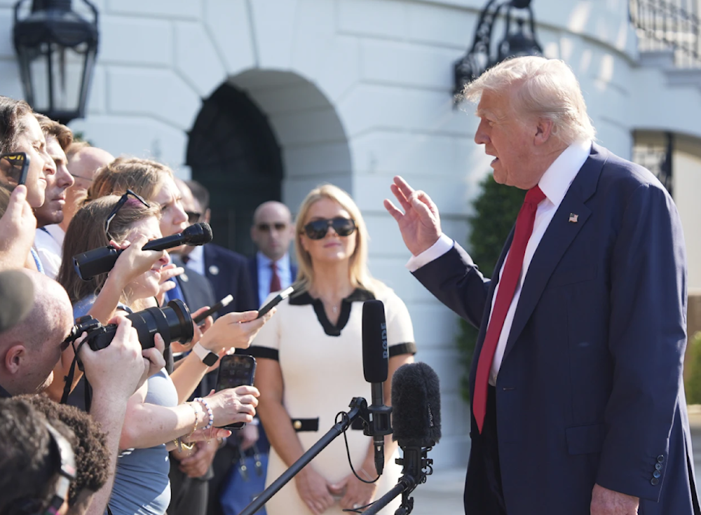 President Donald Trump speaks with reporters before departing on Marine One from the South Lawn of the White House on JUly 25, 2025. (AP)