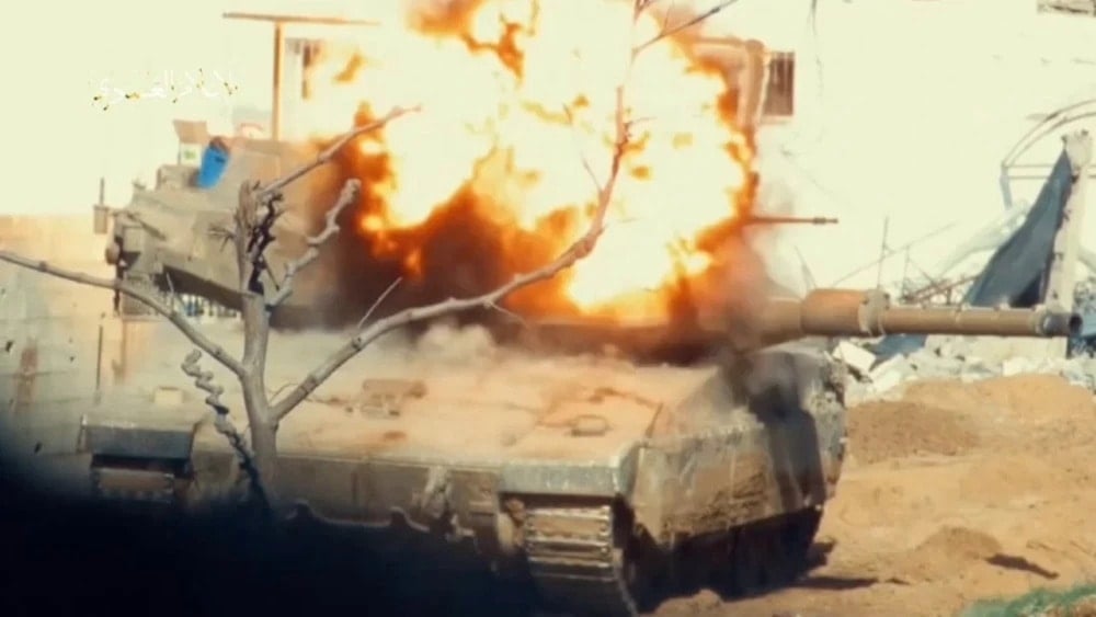 An Israeli tank explodes following an ambush by al-Qassam Brigades in Gaza, Occupied Palestine, undated (Al-Qassam Military Media)