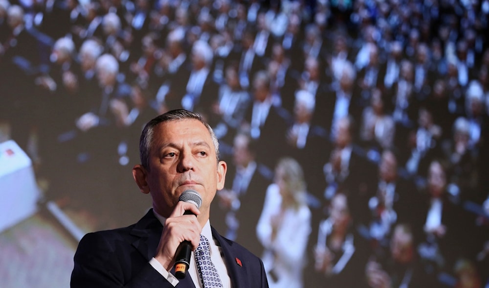 Republican People's Party or (CHP) leader Ozgur Ozel delivers a speech, during a CHP convention, in Ankara, Sunday, April 6, 2025. (AP)