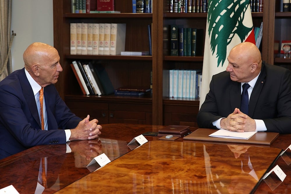Lebanese president Joseph Aoun, right, meets with US Ambassador to Turkey and Special Envoy to Syria Tom Barrack, in Baabda, east of Beirut, Monday, July 7, 2025 (AP)
